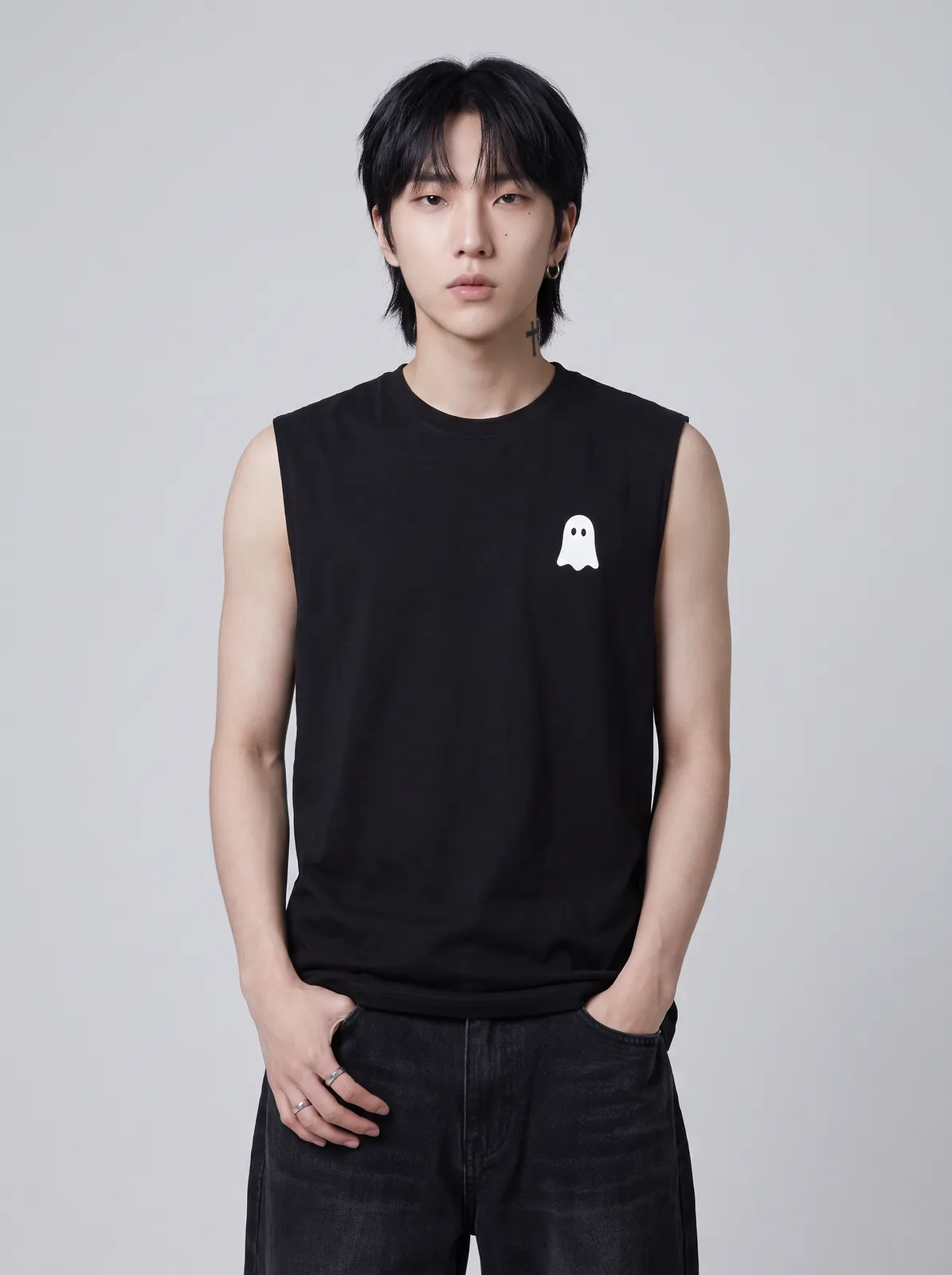 Jae Park wearing the GHOST Muscle Tee in Black, waist up crop